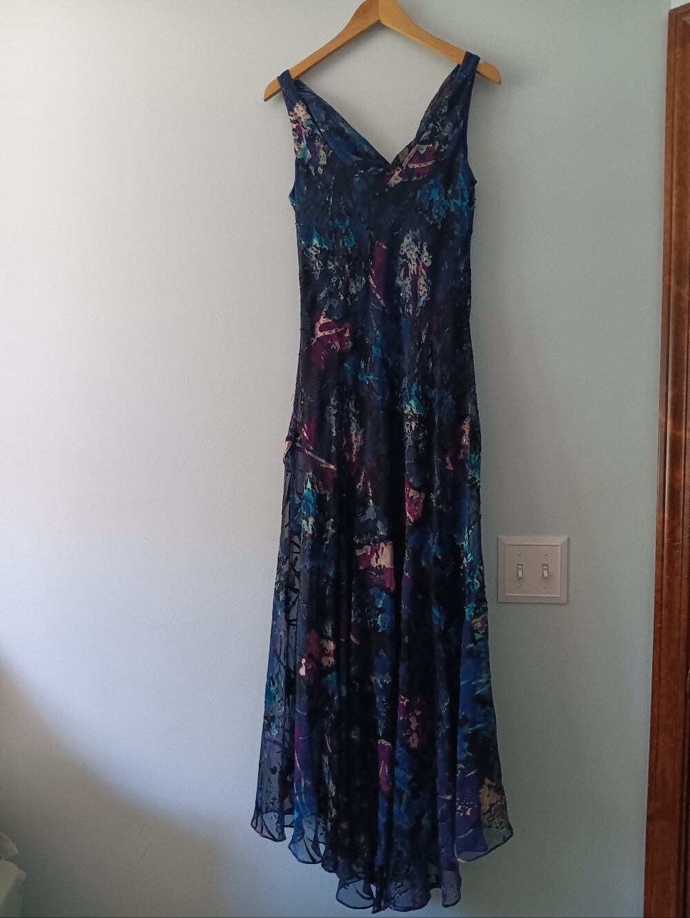 Vtg Alex Evenings Burnout Sequin Beaded Ruffle Bottom Maxi Cowl Neck Dress 10 - Picture 2 of 6